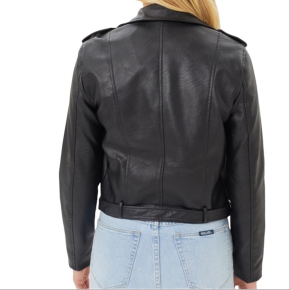 BLACK PU LEATHER BELTED MOTO JACKET - Picture 3 of 5